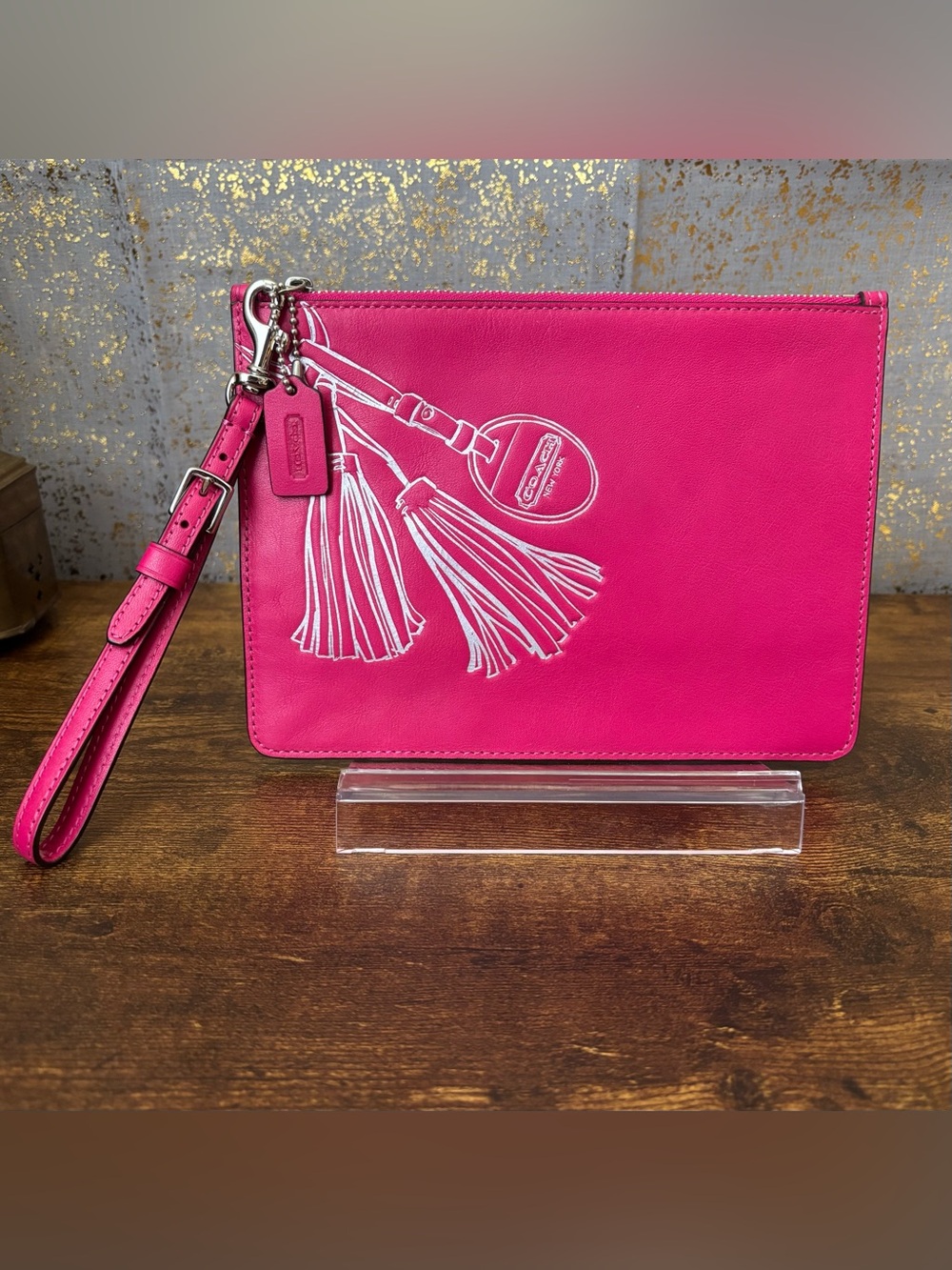 Coach Legacy Trompe L’Oeil Tassle Motif Leather Slim Clutch in Fuchsia